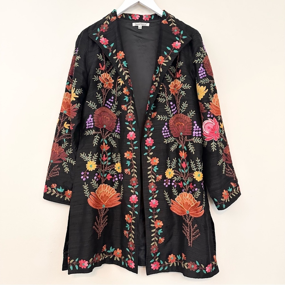 TravelSmith 100% Raw Silk Dupioni Taffeta Floral Embroidered Art To Wear J. WAS